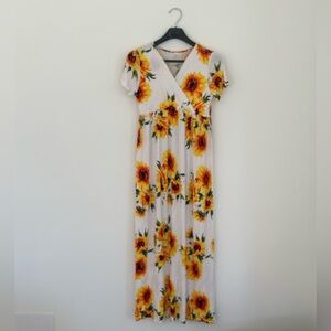 White Sunflower Print Faux Wrap Maxi Dress Small